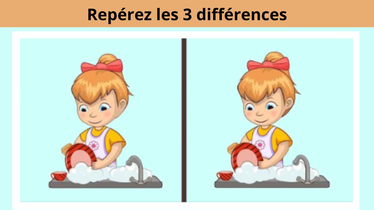 Repérez 3 différences entre les photos de la fille qui lave la vaisselle en 10 secondes